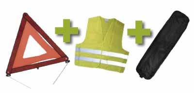 KIT DE SÉCURITÉ + POCHETTE NOIR AVEC RIVET + GILET FLUO + TRIANGLE DE PRESIGNALITSATION