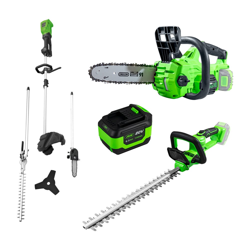 TRONÇONNEUSE BATTERIE 60029 + TAILLE-HAIE  60031 + MACHINE DE JARDIN 60040 + BATTERIE 60015